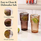6PCS Venus Ribbed Glass Cups with Lids and Straws, 20oz Vintage Drinking Glasses, Aesthetic Iced Coffee Cups, Glass Tumbler for Boba, Beer, Tea, Cocktails, Brown Ribbed Glassware Set (Venus-6)