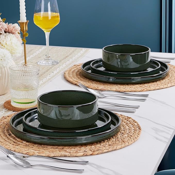 LIANYU Plates and Bowls Sets for 4, 12 Piece Stoneware Dinnerware Dishes Set, Ceramic Dinner Dishware for Pasta Dessert Cereal, Rustic Terracotta Bottom, Chip Resistant & Dishwasher Safe, Hunter Green