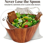 Night Tree Large wooden salad bowl with serving forks mixing, wood salad bowl set for food or fruits, magnetic utensils fit for 6–8 servings, ideal to family meals or as a unique gift