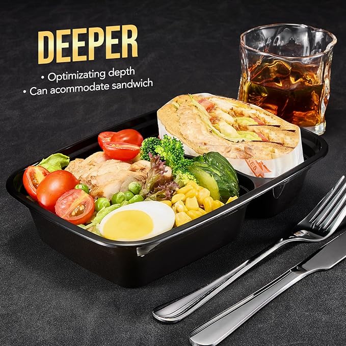 Glotoch 32oz 2 Compartment Meal Prep Container Microwave Safe, Food Prep Containers With Lids For Lunch/Deli/Takeout/Leftover, BPA-Free Freezer & Dishwasher Safe