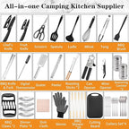 Camping Essentials Cookware Cooking Utensils Set - Portable Camp Kitchen Mess Kit Outdoor Accessories, Stainless Steel & Silicone, Camping Gear Equipment for RV Picnic Grill, Green Pro