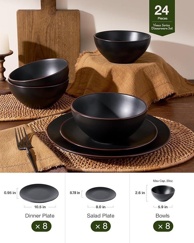 Famiware Venus Plates and Bowls Sets with Trim, 24 Pieces Stoneware Chip Resistant Dinnerware Dishes for 8, Matte Black - Microwave/Dishwasher Safe, Modern Minimalist, for Everyday Meals/Formal Dining