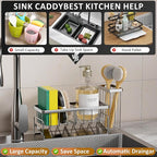 Sponge Holder & Sink Caddy Organizer - Rustproof Kitchen Sink Organizer High Brush Holder - Home Essentials Countertop Storage Organization (Silver)