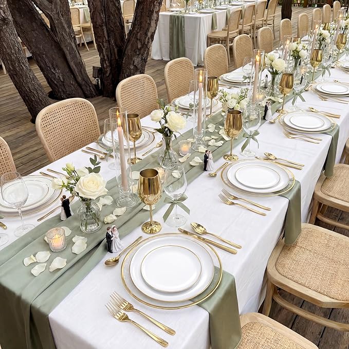 KIRE 350 PCS White and Gold Plates Disposable - Elegant Dinnerware Set of 50 Guest, White Plastic Plates With Gold Rim, Pre Rolled Napkins with Silverware & Cups for Thanksgiving Party/Wedding