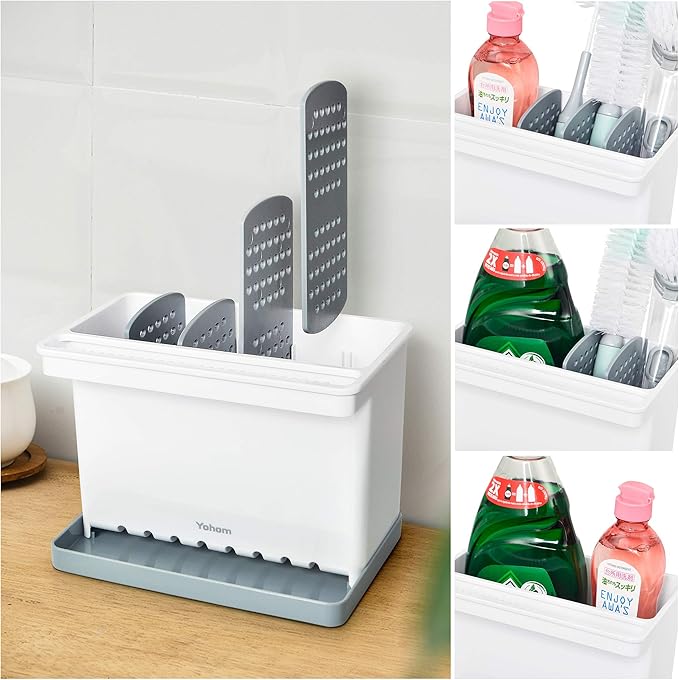 YOHOM 2-in-1 Sink Caddy with Sink Drain Tray & 4 Adjustable Dividers for Kitchen Sponge & Brush Holder