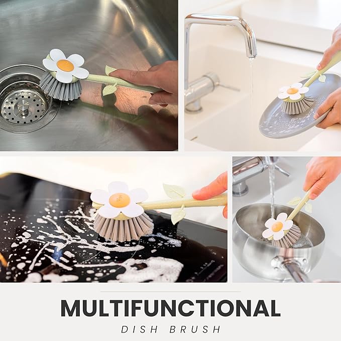 Vigar Florganic Daisy-Shaped Dish Brush, a Dish Brush with Handle, and a Dish Brush with Stand for Pot Scrubber, Kitchen Dishes, and Sink Cleaning
