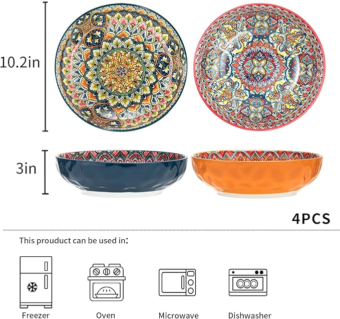 4 Pack Large Serving Bowls, 80 Oz Extra Large Salad Bowls Set of 4, Bohemian Decorative Bowls for Salad, Fruit, Pasta and Dinner, Serving Dishes Set for Party, Dishwasher & Microwave Safe, Mix-color