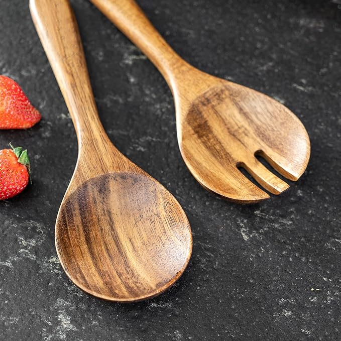 Wooden Salad Bowl, 12'' Acacia Wood Large Salad Bowl Set Big Salad Serving Bowl with Serving Utensils