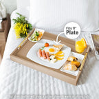 ATZYmolin 17" x 12" Wood Serving Tray with Gold Polished Metal Handles, Home Decorative Wooden Rectangle Ottoman Leather Decor Platter Bathroom Vanity Tray for All Occasions Khaki