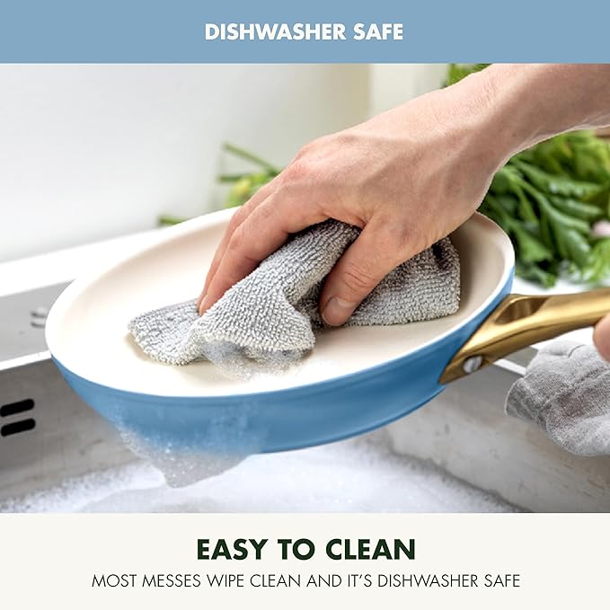 GreenPan Hard Anodized Healthy Ceramic Nonstick 8" 10" & 12" 3 Piece Frying Pan Skillet Set, Gold Handle, PFAS-Free, Dishwasher Safe, Oven Safe, Sky Blue