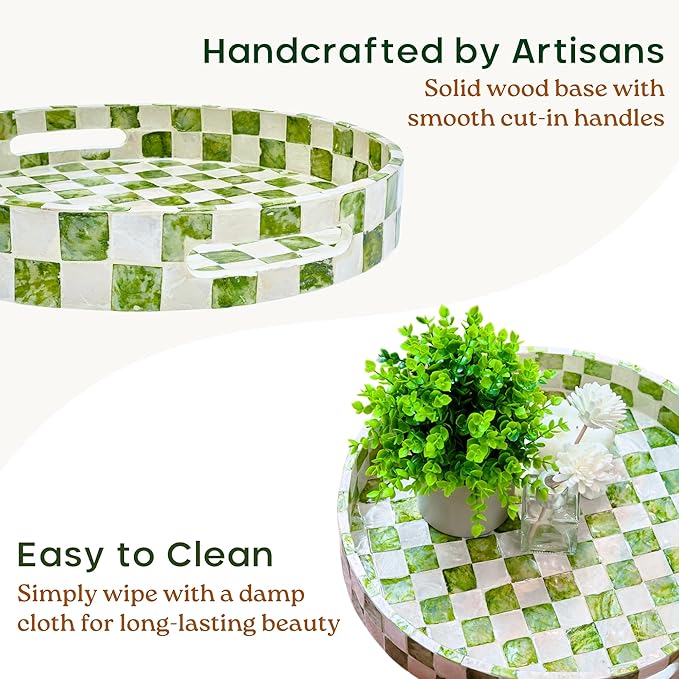 CHI AN HOME 12.6" Capiz Decorative Tray with Handles, Checkered Round Serving Tray for Coffee Table, Kitchen Counter, or Bathroom (Pistachio Green)