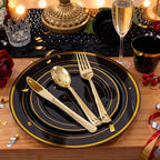 WELLIFE 350PCS Black and Gold Plastic Plates - Plastic Dinnerware Set for 50 Guests,Include 50 Dinner Plates, 50 Dessert Plates, 50 Black Cups 9 OZ, 50 Pre Rolled Napkins with Gold Silverware