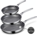 Ammeloo Hybrid Tri-Ply Stainless Steel Frying Pan Set, 8"/9.5"/11" Cooking Pans, Non Stick Frying Pans and Skillets, Chef Pan, Non Toxic, Dishwasher Safe, Induction Compatible, Black Interior