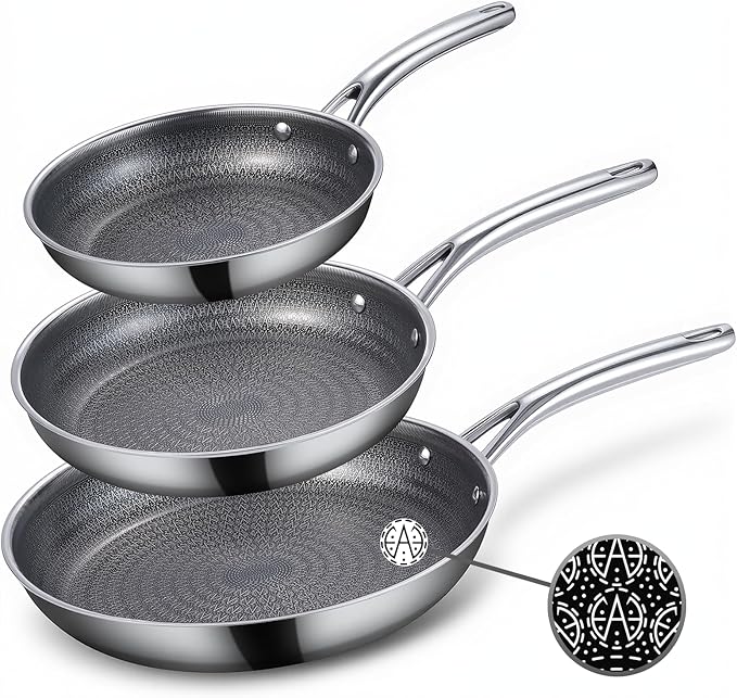 Ammeloo Hybrid Tri-Ply Stainless Steel Frying Pan Set, 8"/9.5"/11" Cooking Pans, Non Stick Frying Pans and Skillets, Chef Pan, Non Toxic, Dishwasher Safe, Induction Compatible, Black Interior
