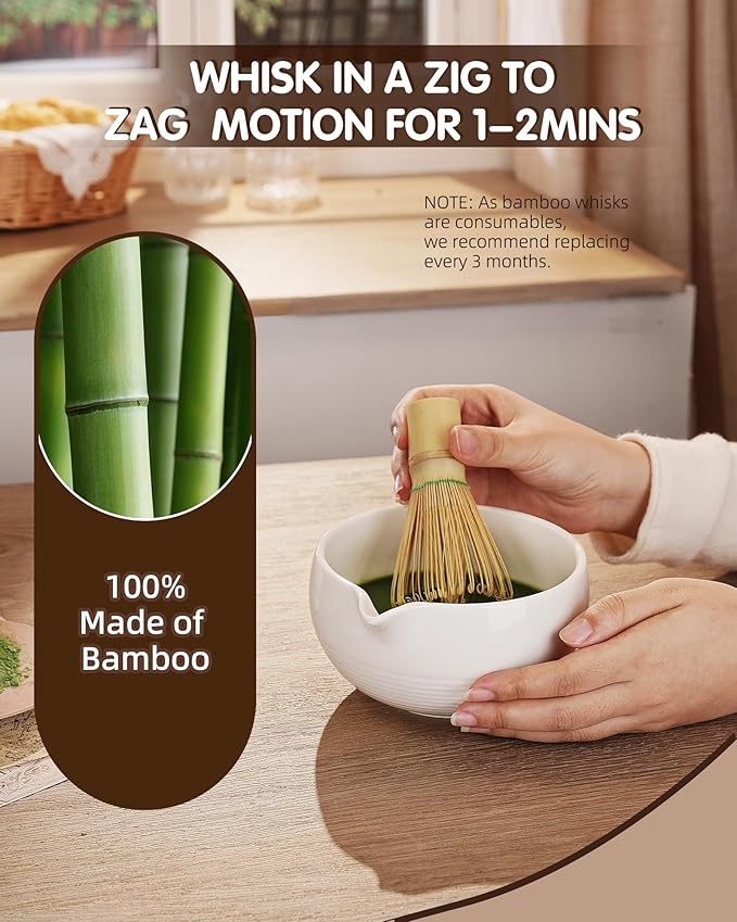 ZENS Matcha Whisk Set, 5pcs Matcha Kit Set Includes Ceramic Bowl, Bamboo Whisk and Chasen Holder, Scoop & Tea Mat，Matcha Tea ceremony Gift for Matcha Lovers, White