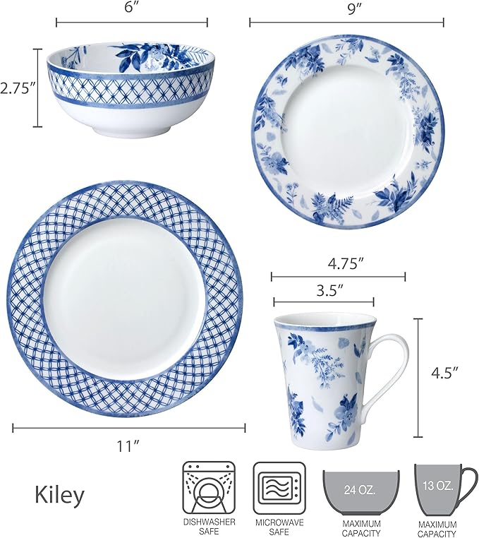 Mikasa Kiley Bone China Lightweight Chip Resistant 16 Piece Dinnerware Set, Service for 4,Blue and White