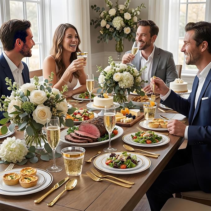 N9R 600PCS Disposable Plastic Plates, Gold Plastic Dinnerware Set Includes 100 Dinner Plates, Dessert Plate, Cups, Spoons, Forks, Knives for 100 Guests, Perfect for Party, Wedding, Birthday