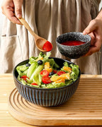 Hasense Large Salad Bowls of 2, Porcelain 60 Oz Serving Bowl 8 Inch for Kitchen Dining,Elegant Ribbed Ceramic Dishes for Party,Soup,Pho,Pasta,Cereal,Fruit - Dishwasher & Microwave Safe, Blue