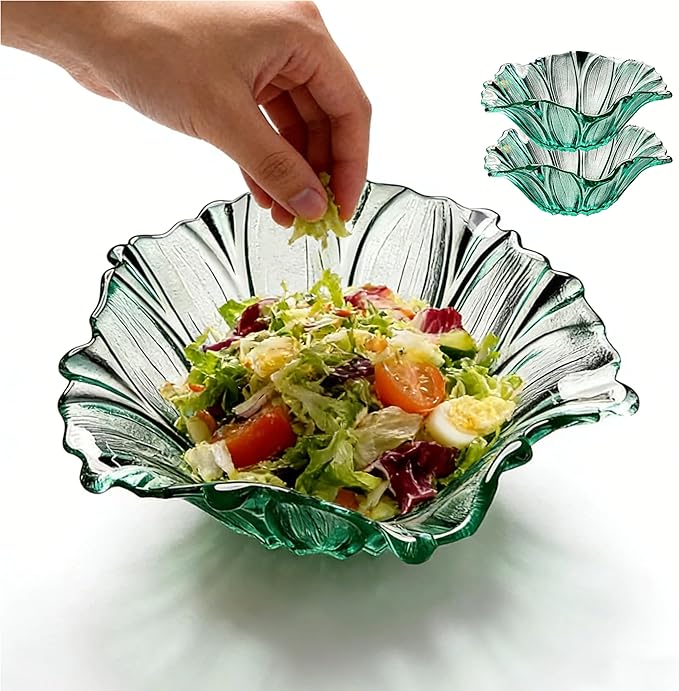 2 Piece Glass Salad Bowl Set - 7.3" Decorative Serving Bowls, 17 OZ (500ml) Multipurpose Bowls for Fruits, Veggies, Snacks, Candies, Desserts, Family Dinners & Parties (Green, medium size)