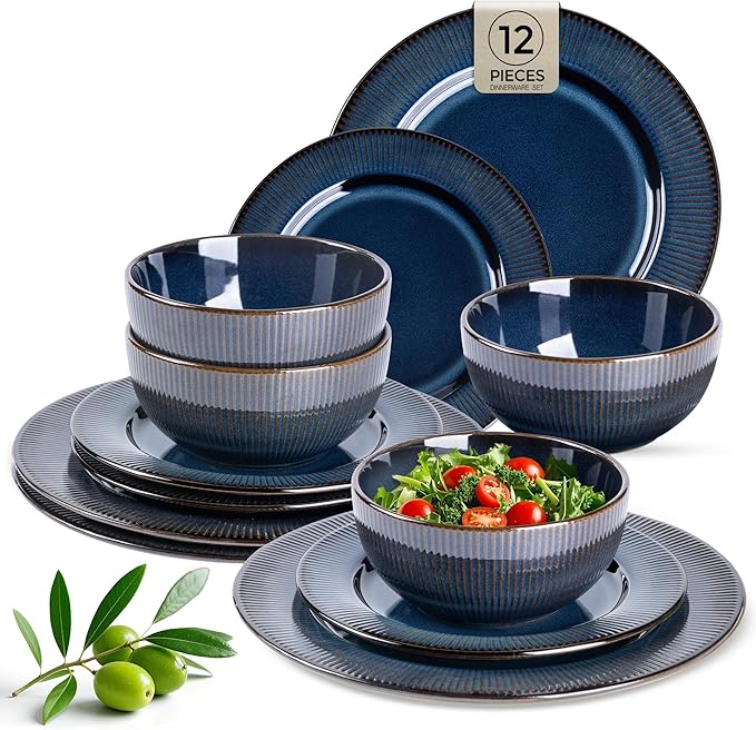 GBHOME Ceramic Dinnerware Sets,12 pcs Embossed Elegant Stoneware Plates and Bowls Sets, Housewarming Wedding Gift | Dishwasher & Microwave Safe | Dishes Set Service for 6