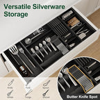Bamboo Silverware Drawer Organizer, 17.7-29.5 Inch Expandable Large Kitchen Drawer Organizer, 5-8 Slot Flatware with Removable Card Slots & Knife Block for Spoon Butter Knive, Black