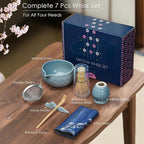 7Pcs Matcha Whisk Set, Matcha Set Whisk and Bowl,Bamboo Scoop, Scoop Rest, Sifter and Tea Towel, Matcha Kit W/Carved Cherry Blossm Pattern for Matcha Lovers (Sakura Blue)