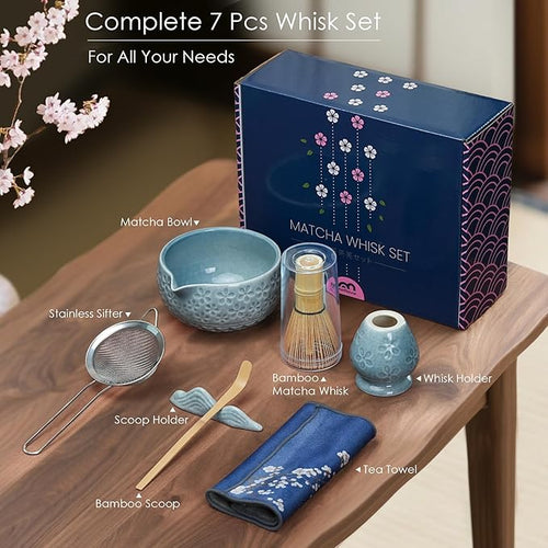 7Pcs Matcha Whisk Set, Matcha Set Whisk and Bowl,Bamboo Scoop, Scoop Rest, Sifter and Tea Towel, Matcha Kit W/Carved Cherry Blossm Pattern for Matcha Lovers (Sakura Blue)