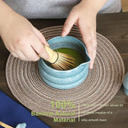 Blue Matcha Whisk Set, Ceramic Matcha Kit Set Valentine Gift Present Includes Matcha Bowl, Matcha Whisk and Holder, Bamboo Scoop, Scoop Rest, Sifter and Tea Towel - 7 Pcs Matcha Kit for Matcha Lovers
