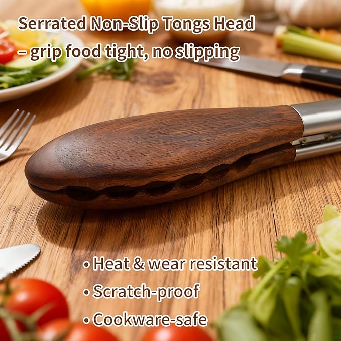 Wooden Tongs for Cooking & Serving Food, Anti-Slip Long Handle Wooden Kitchen Tongs Heat Resistant, Stainless Steel Salad Tongs with Walnut Wood Tip, Locking & Hanging Cooking Utensils Set
