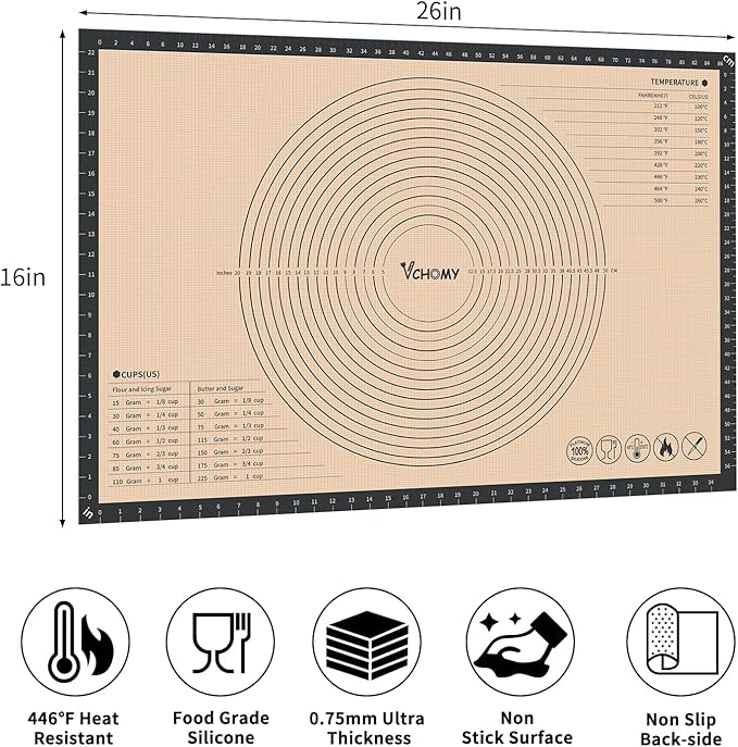 Extra Large Silicone Pastry Mat for Counter Rolling Dough,26x16 Inch,0.75mm Thick,Non Slip Silicone Baking Mat with Measurement(26 x 16 In,Grey)