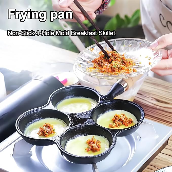 Cast Iron 4-Cup Egg Pan, Small Omelette Pan with Turner & Oil Brush, Breakfast Pan for Eggs Pancakes Sandwiches Burgers, Suitable for Gas Stove & Induction, Naturally Nonstick with Seasoning, 6.6inch
