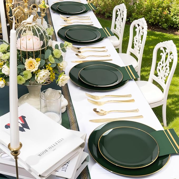 NOCCUR 350PCS Green Plastic Plates - Disposable Green Gold Dinnerware Set for 50 Guests, 100 Dinner/Dessert Plates, 150 Gold Silverware, 50 Cups&50 Napkins for Party ＆ Wedding ＆ Spring