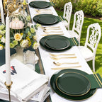 NOCCUR 350PCS Green Plastic Plates - Disposable Green Gold Dinnerware Set for 50 Guests, 100 Dinner/Dessert Plates, 150 Gold Silverware, 50 Cups&50 Napkins for Party ＆ Wedding ＆ Spring