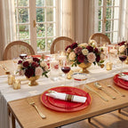 WDF Partyware 175 Pieces Red Plastic Plates with Gold Rim Include Dinner Plate 10" Dessert Plate 7" gold Cups 9 OZ, Pre Rolled Napkins 25 of each type for Wedding/Spring/Birthday/Mother's Day