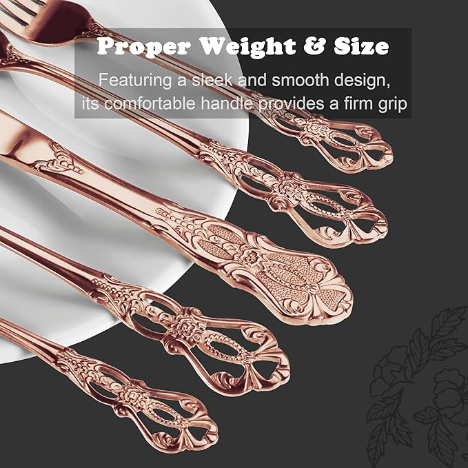 Runfly Retro Royal Rose Gold/Copper 48 Pieces Flatware Set, Gorgeous Silverware Set For 8, Anti-rust Stainless Steel dark Cutlery Set Utensils Including Fork Spoon and Knife