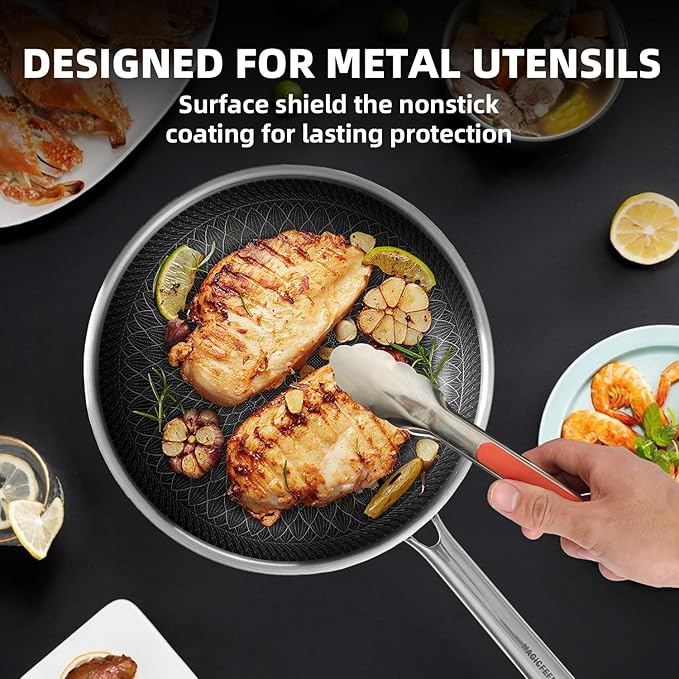 Non Stick Frying Pan 12 Inch with Lid, Hybrid Nonstick Stainless Steel Skillet Pan with Stay-cooling Handle, PFOA Free Non Toxic Dishwash & Oven Safe, Induction Ready, All Cooktops