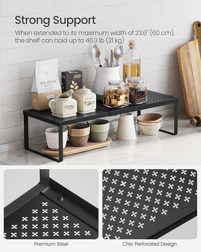 SONGMICS Spice Rack, Expandable Kitchen Countertop Shelf, Small Cupboard Organizer, Metal, Space-Saving Tabletop Shelf, Matte Black UKCS007B01