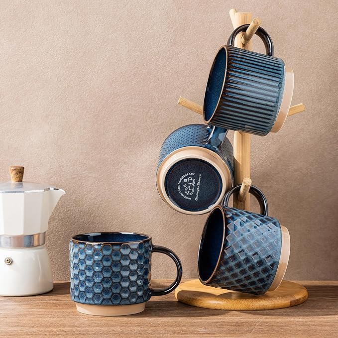 GBhome 6 OZ Stackable Coffee Mugs, Ceramic Coffee Mugs with Texture Patterns for Man,Woman,Dad,Mom, Modern Coffee Cups Set of 4 for Espresso/Cappuccino. Dishwasher&Microwave Safe