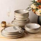 GBHOME Stoneware Dinnerware Sets for 8, 24 Pieces Rustic Ceramic Plates and Bowls Set, Handmade Reactive Glaze Plate Sets, Highly Chip Resistant Dishes, Microwave & Dishwasher Safe, Oatmeal Linen