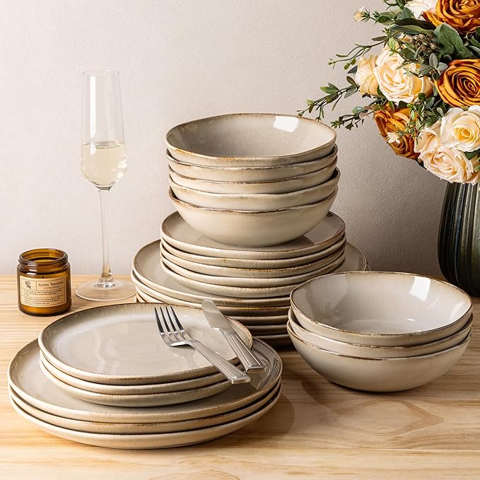 GBHOME Stoneware Dinnerware Sets for 8, 24 Pieces Rustic Ceramic Plates and Bowls Set, Handmade Reactive Glaze Plate Sets, Highly Chip Resistant Dishes, Microwave & Dishwasher Safe, Oatmeal Linen