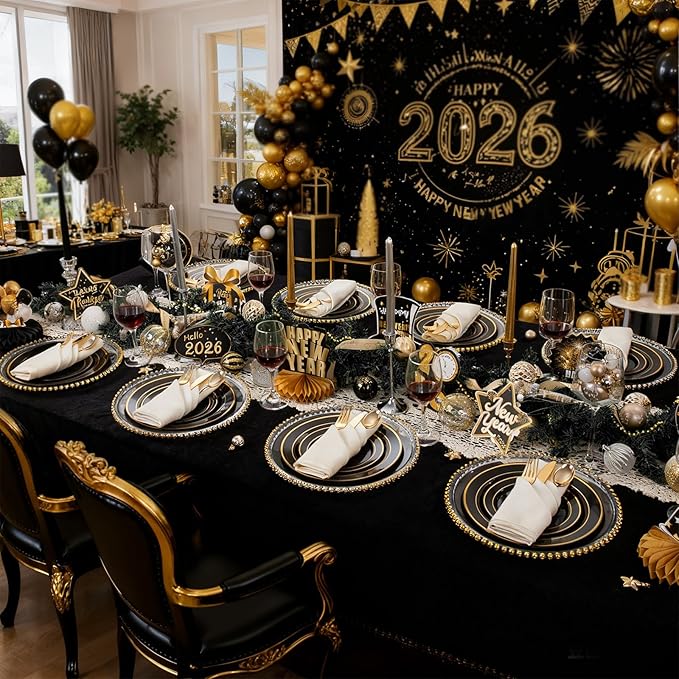WDF Partyware 175PCS Black and Gold Plates - Black Disposable Plates for Party - 25Guests Disposable Dinnerware Set for Graduation Wedding Party Birthday