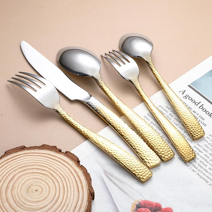 Hammered Silverware Set For 4,Forks and Spoons 18/10 Stainless Steel Heavy Duty Silverware Gold Cutlery Set 20 Piece Flatware Set,Mirror Polished,Dishwasher Safe (20 pcs gold)