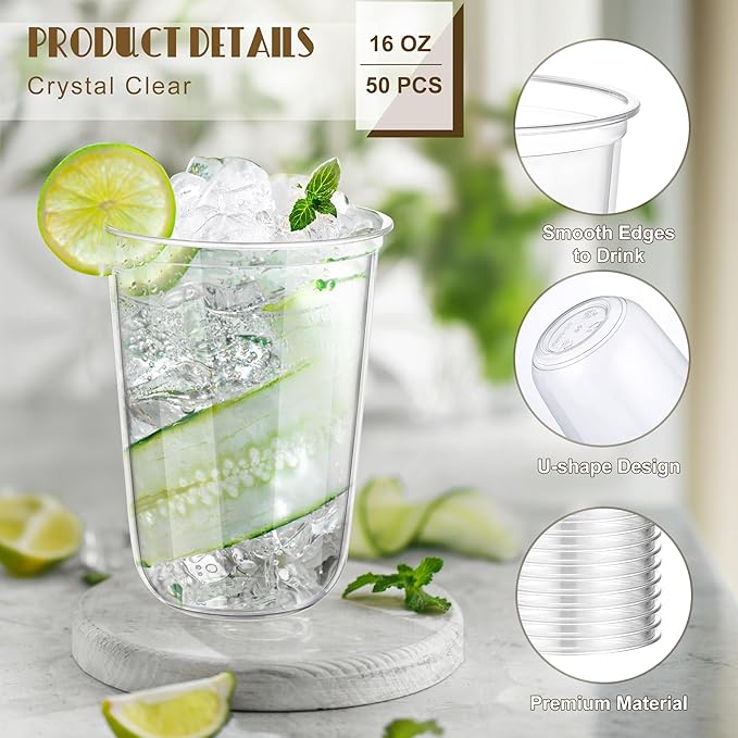 KesaPlan 50 Pcs 16oz Clear Plastic Cups Disposable Wine Cups Round Bottom Stemless Disposable Wine Glasses for Cocktails Birthdays Weddings Party Supplies