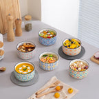 Ceramic Bowls Set with Lid: Microwave Safe Soup Containers Set of 6 for Meal Prep, Cereal, Salad, Picnic, Camping, Office Lunch, Kitchen Food Storage - 5 Inch, 20 oz, 6 PCS, Design D