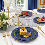 bUCLA 180PCS Blue Plastic Plates - Navy Blue and Gold Rim Disposable Include 30 Each (Dinner & Dessert) Plates, 30 Knives, 30 Forks, 30 Spoons and 30 Cups, Ideal for Party, Gathering & Graduation