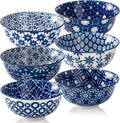 AntoKueh 6 inches Blue and White Ceramic Bowls, 23Oz Deep Cereal Porcelain Bowls set of 6, Large Soup Bowls for Salad, Fruit, Vintage