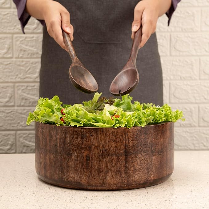 Luxe Designs 12" Dark Burnt Wooden Salad Bowl Set with Serving Utensils Eco-Friendly, Multipurpose Mixing & Serving Bowl for Salads, Pasta, Fruits & More – Durable & Stylish Kitchen Essential