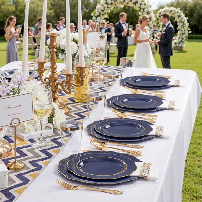 KIRE 210Pcs Navy Blue Plastic Plates - Blue and Gold Plates Disposable - 30guest Baroque Plastic Dinnerware for Upscale Wedding/Parties/Passover/Graduation