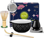 Matcha Whisk Set Matcha Kit - 7 Pcs Japanese Tea Set Includes Matcha Bowl with Spout,Bamboo Whisk with Ceramic Holder,Bamboo Scoop and Rest,Sifter,Tea Towel, for Ceremony Matcha Lovers Gift,Black