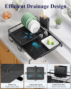 Kitsure Extendable Dish Drying Rack - Adjustable Length 12.8"–21.0", Auto-Draining Dish Rack for Kitchen Counter, Rust-Resistant Metal Frame Over-Sink Support for Plates, Bowls & Utensils, Black